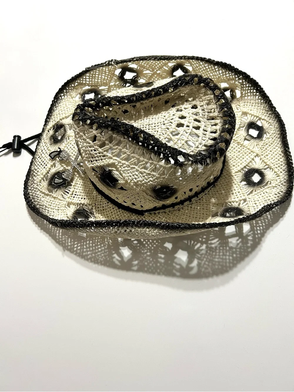 Handmade Straw Cowgirl Hat with Black Trim and Chin Cord